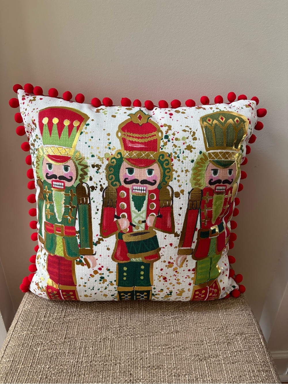 Rachel Brooks Design Gold Foil Nutcracker Decorative Pillow with Pom Pom Trim